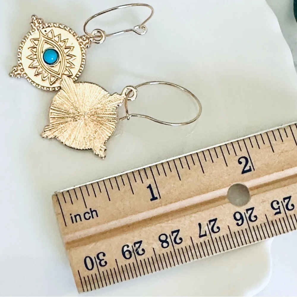 2/$30🌵 Egyptian Revival Eye Of Horus Evil Eye Earrings Antiqued Gold Hoop NEW